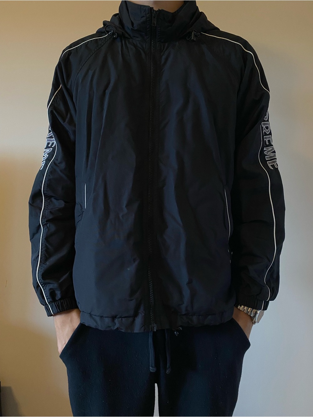 Supreme Black Windbreaker Jacket with White Piping